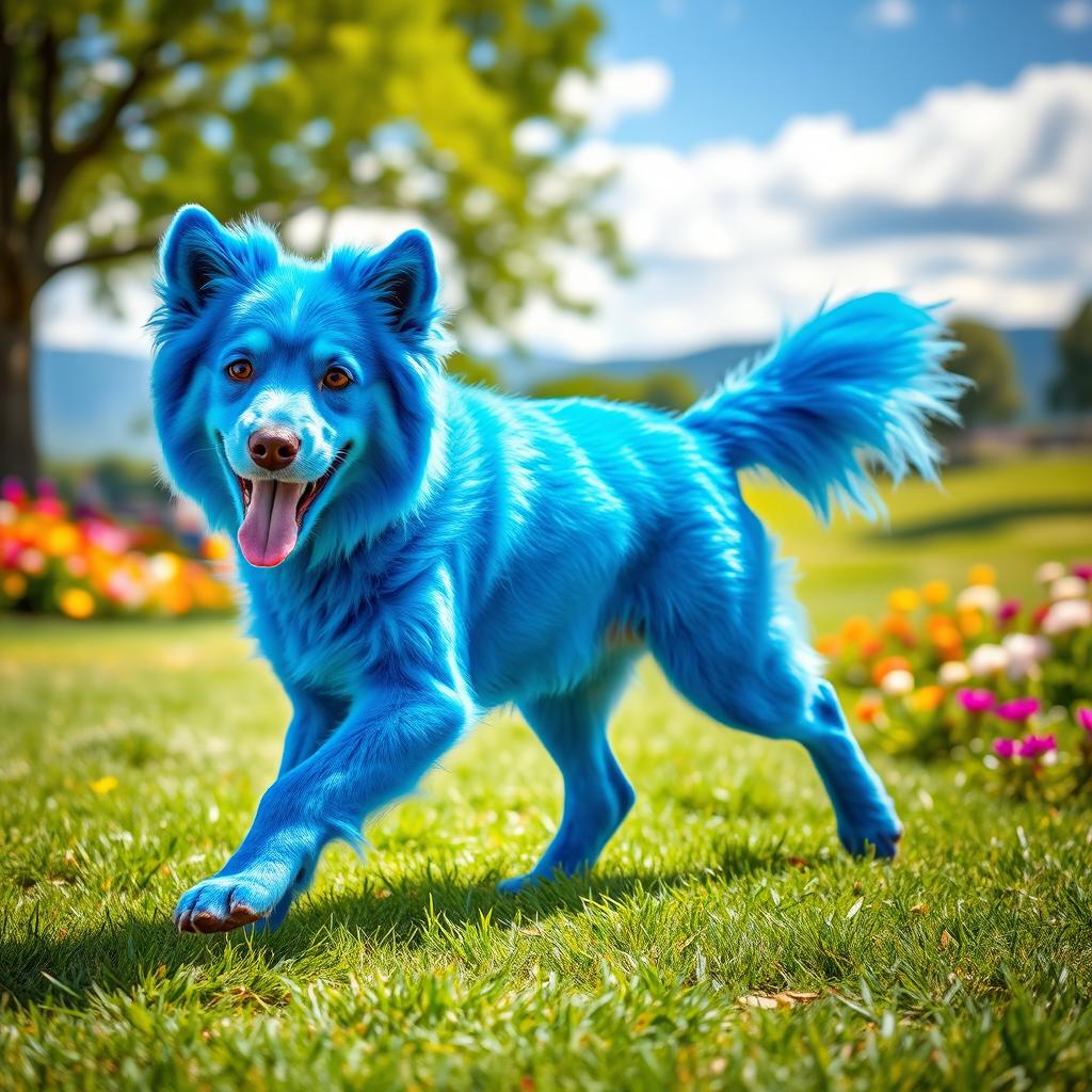 A blue dog, vibrant and striking in color, standing amidst a picturesque landscape