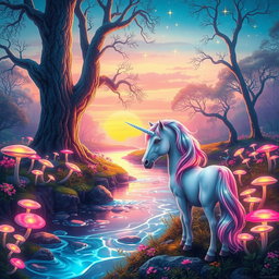 A vibrant fantasy landscape showcasing a mystical forest filled with luminescent plants and glowing mushrooms