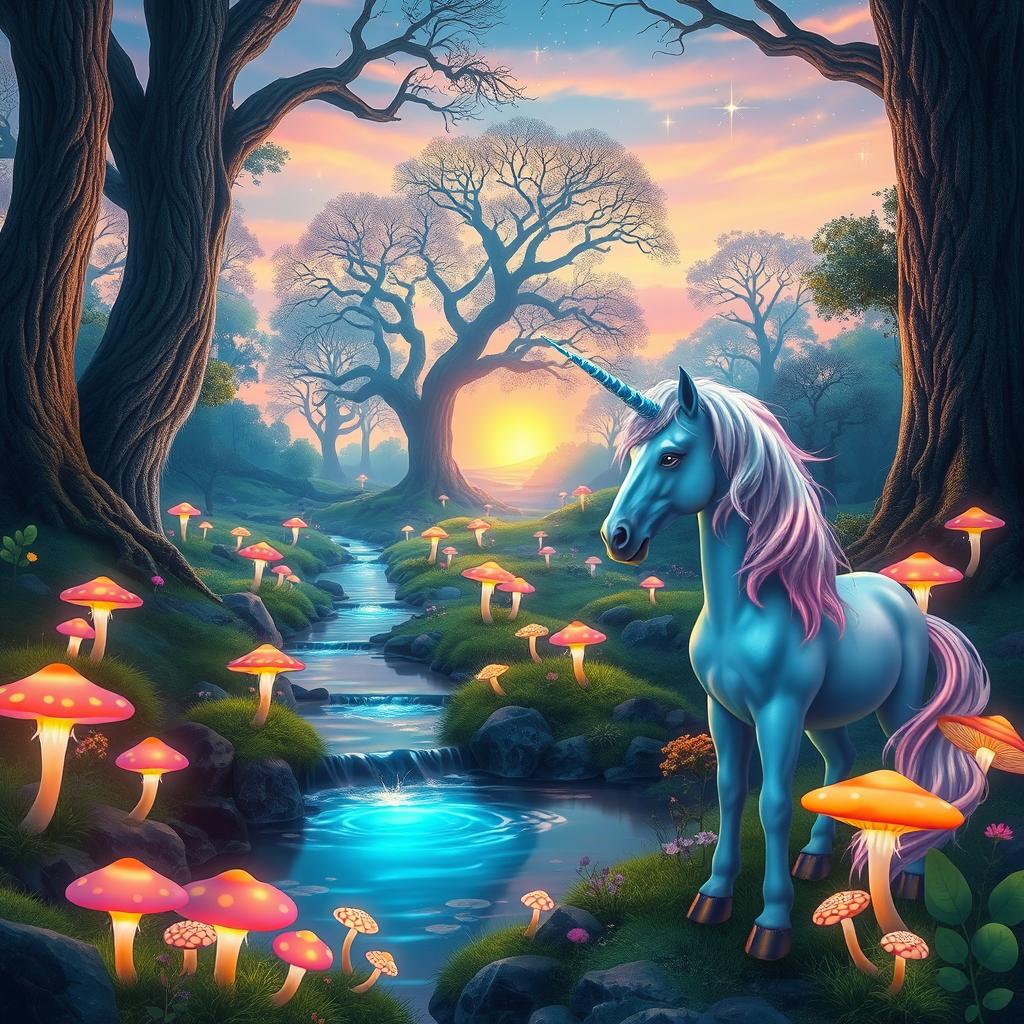 A vibrant fantasy landscape showcasing a mystical forest filled with luminescent plants and glowing mushrooms