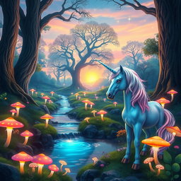 A vibrant fantasy landscape showcasing a mystical forest filled with luminescent plants and glowing mushrooms