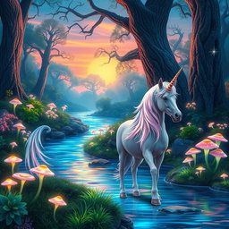 A vibrant fantasy landscape showcasing a mystical forest filled with luminescent plants and glowing mushrooms