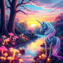 A vibrant fantasy landscape showcasing a mystical forest filled with luminescent plants and glowing mushrooms