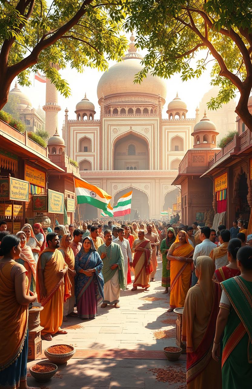 A visually striking and culturally rich depiction of the major impacts of world history on Indian history, featuring iconic elements like the Mughal architecture, British colonial era buildings, ancient Indian texts, and symbols representing various global events such as trade routes, wars, and cultural exchanges