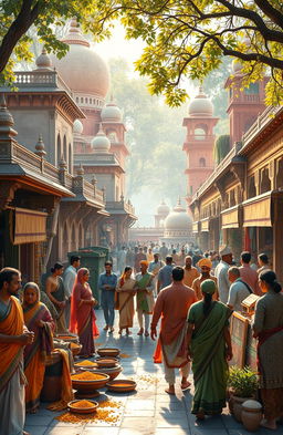 A visually striking and culturally rich depiction of the major impacts of world history on Indian history, featuring iconic elements like the Mughal architecture, British colonial era buildings, ancient Indian texts, and symbols representing various global events such as trade routes, wars, and cultural exchanges