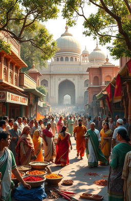 A visually striking and culturally rich depiction of the major impacts of world history on Indian history, featuring iconic elements like the Mughal architecture, British colonial era buildings, ancient Indian texts, and symbols representing various global events such as trade routes, wars, and cultural exchanges