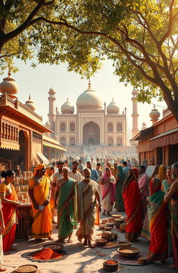 A visually striking and culturally rich depiction of the major impacts of world history on Indian history, featuring iconic elements like the Mughal architecture, British colonial era buildings, ancient Indian texts, and symbols representing various global events such as trade routes, wars, and cultural exchanges