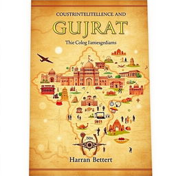 An A4 book cover design featuring a detailed map of Gujrat, India, as the central focus
