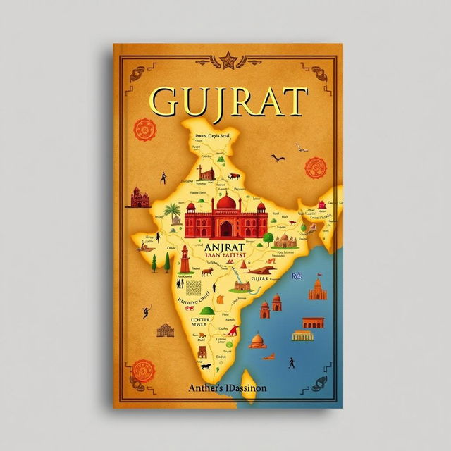 An A4 book cover design featuring a detailed map of Gujrat, India, as the central focus
