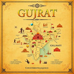 An A4 book cover design featuring a detailed map of Gujrat, India, as the central focus