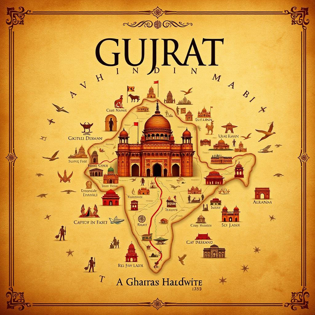 An A4 book cover design featuring a detailed map of Gujrat, India, as the central focus
