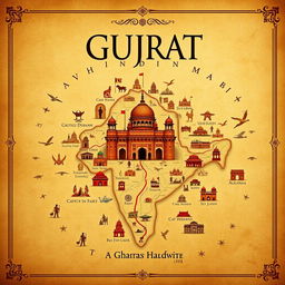 An A4 book cover design featuring a detailed map of Gujrat, India, as the central focus