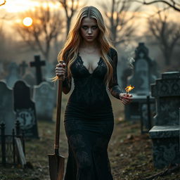 A stunning portrait of an 18-year-old girl with captivating blue eyes and long blonde hair, adorned in a tight-fitting, low-cut long black lace gown that stretches elegantly over her shapely figure, accentuating her wide hips and thick round thighs