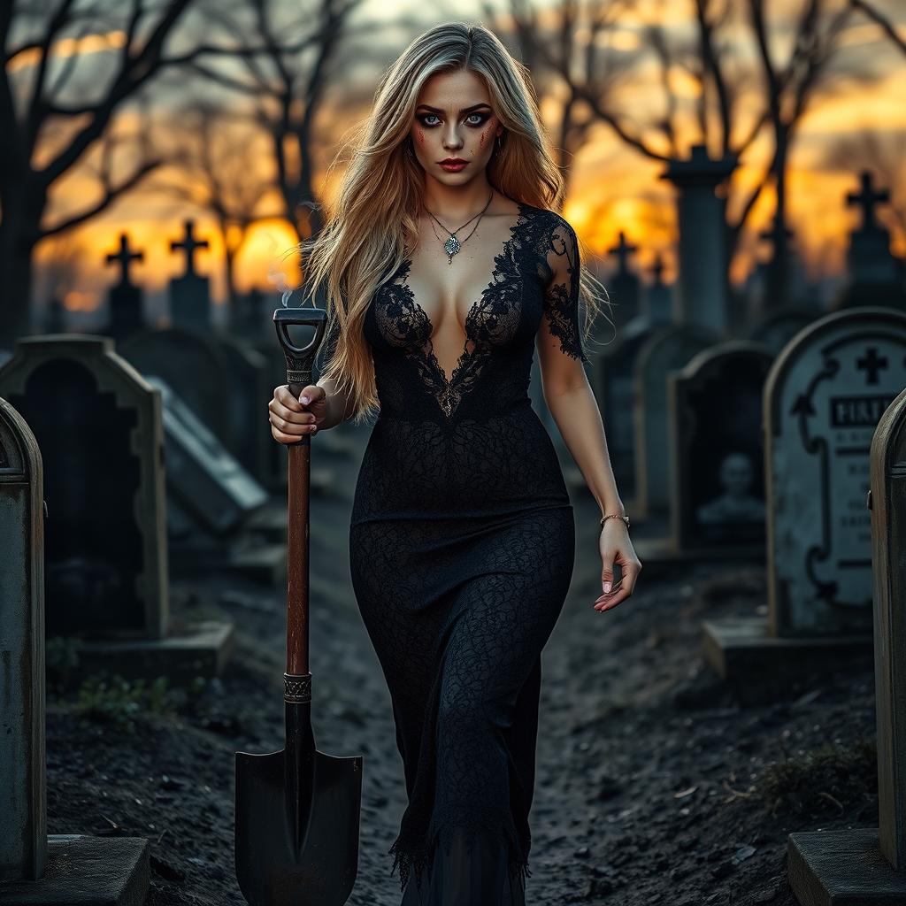 A stunning portrait of an 18-year-old girl with captivating blue eyes and long blonde hair, adorned in a tight-fitting, low-cut long black lace gown that stretches elegantly over her shapely figure, accentuating her wide hips and thick round thighs