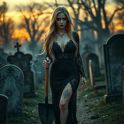 A stunning portrait of an 18-year-old girl with captivating blue eyes and long blonde hair, adorned in a tight-fitting, low-cut long black lace gown that stretches elegantly over her shapely figure, accentuating her wide hips and thick round thighs