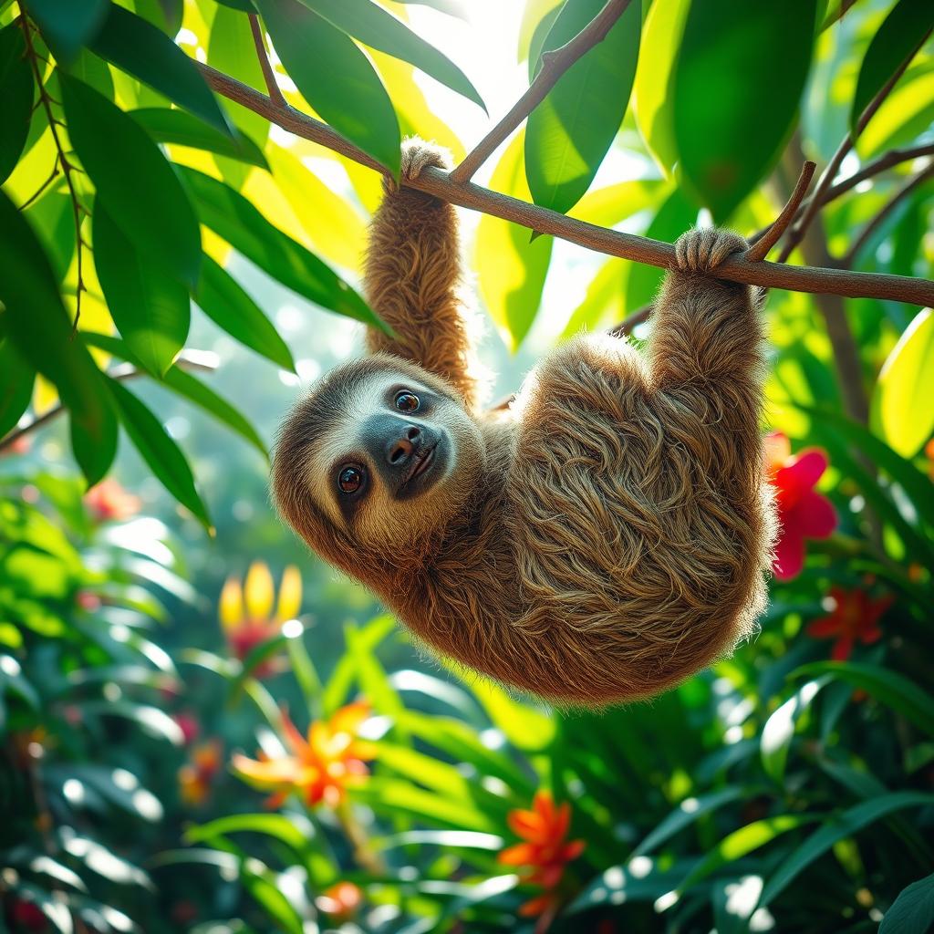 A stunning photograph showcasing a sloth hanging lazily from a branch in a lush tropical rainforest, surrounded by vibrant green foliage