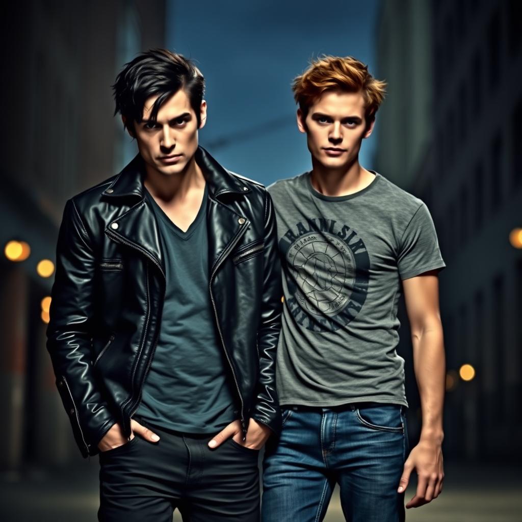 A dynamic scene featuring Klaus and Stiles standing together in an urban setting