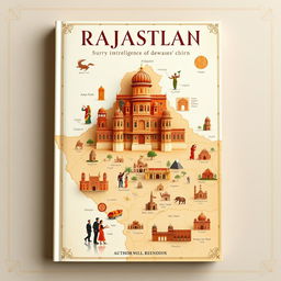 An A4 book cover design that beautifully highlights a detailed map of Rajasthan, India, showcasing its rich cultural aspects and historical venues