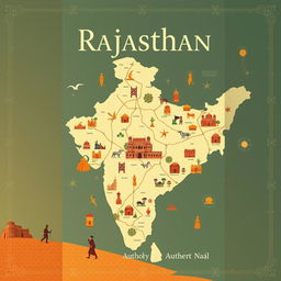 An A4 book cover design that beautifully highlights a detailed map of Rajasthan, India, showcasing its rich cultural aspects and historical venues