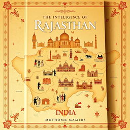 An A4 book cover design that beautifully highlights a detailed map of Rajasthan, India, showcasing its rich cultural aspects and historical venues