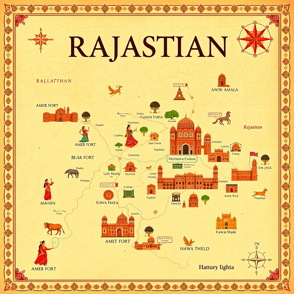An A4 book cover design that beautifully highlights a detailed map of Rajasthan, India, showcasing its rich cultural aspects and historical venues