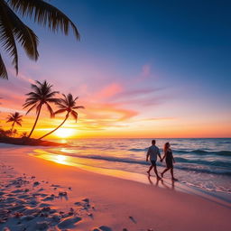 A vibrant sunset over a serene beach, with gentle waves lapping at the shore