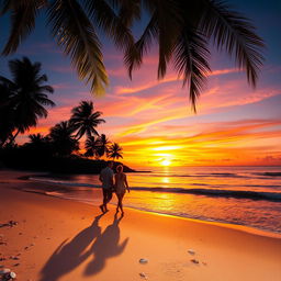 A vibrant sunset over a serene beach, with gentle waves lapping at the shore