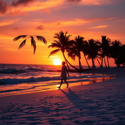 A vibrant sunset over a serene beach, with gentle waves lapping at the shore