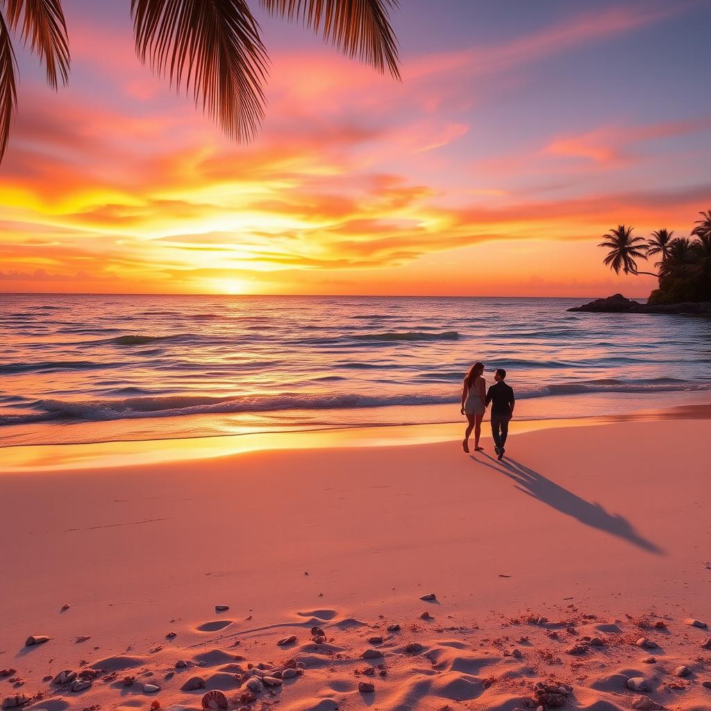 A vibrant sunset over a serene beach, with gentle waves lapping at the shore