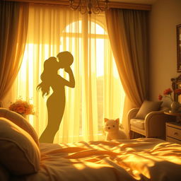 A surreal and abstract scene depicting a mix of familial and romantic themes in a dreamlike bedroom setting