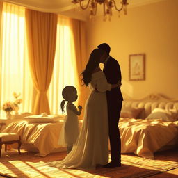 A surreal and abstract scene depicting a mix of familial and romantic themes in a dreamlike bedroom setting