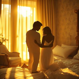 A surreal and abstract scene depicting a mix of familial and romantic themes in a dreamlike bedroom setting