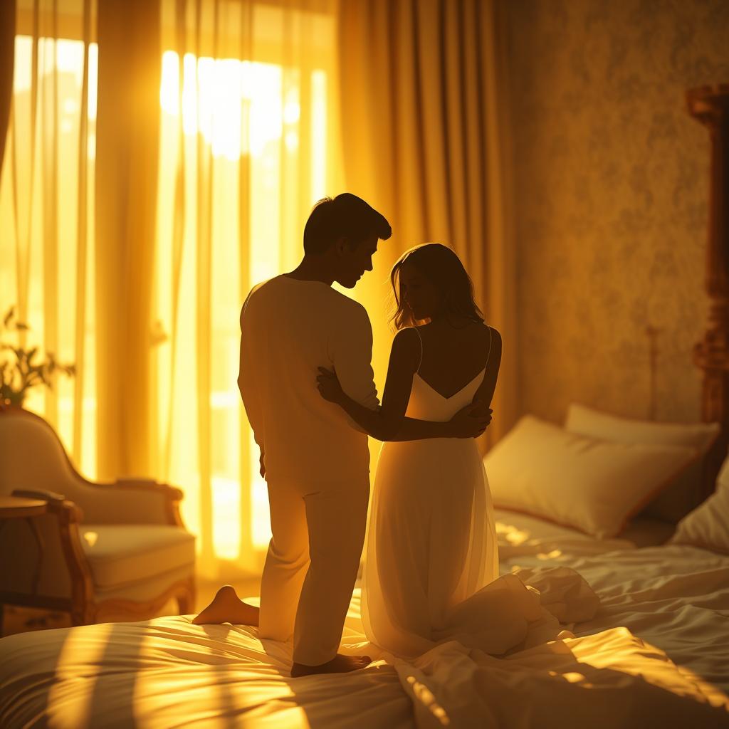 A surreal and abstract scene depicting a mix of familial and romantic themes in a dreamlike bedroom setting