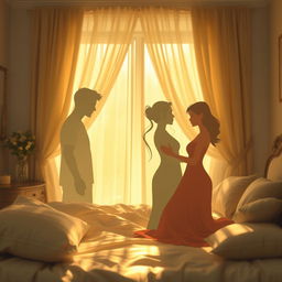 A surreal and abstract scene depicting a mix of familial and romantic themes in a dreamlike bedroom setting