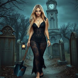 A captivating portrait of an 18-year-old girl with stunning blue eyes and long flowing blonde hair, dressed in a tight-fitting, low-cut long black lace gown that highlights her shapely figure, bulging at her wide hips and thick round thighs