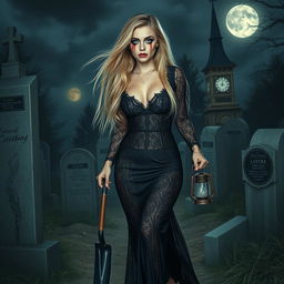 A beautifully haunting portrait of an 18-year-old girl with striking blue eyes and long flowing blonde hair, dressed in a tight-fitting, low-cut long black lace gown that accentuates her shapely features, particularly her wide hips and thick round thighs