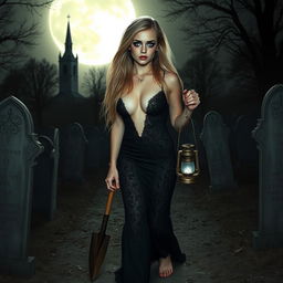 A beautifully haunting portrait of an 18-year-old girl with striking blue eyes and long flowing blonde hair, dressed in a tight-fitting, low-cut long black lace gown that accentuates her shapely features, particularly her wide hips and thick round thighs