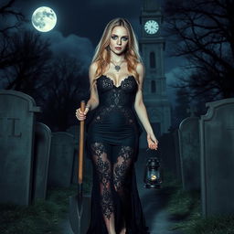 A beautifully haunting portrait of an 18-year-old girl with striking blue eyes and long flowing blonde hair, dressed in a tight-fitting, low-cut long black lace gown that accentuates her shapely features, particularly her wide hips and thick round thighs
