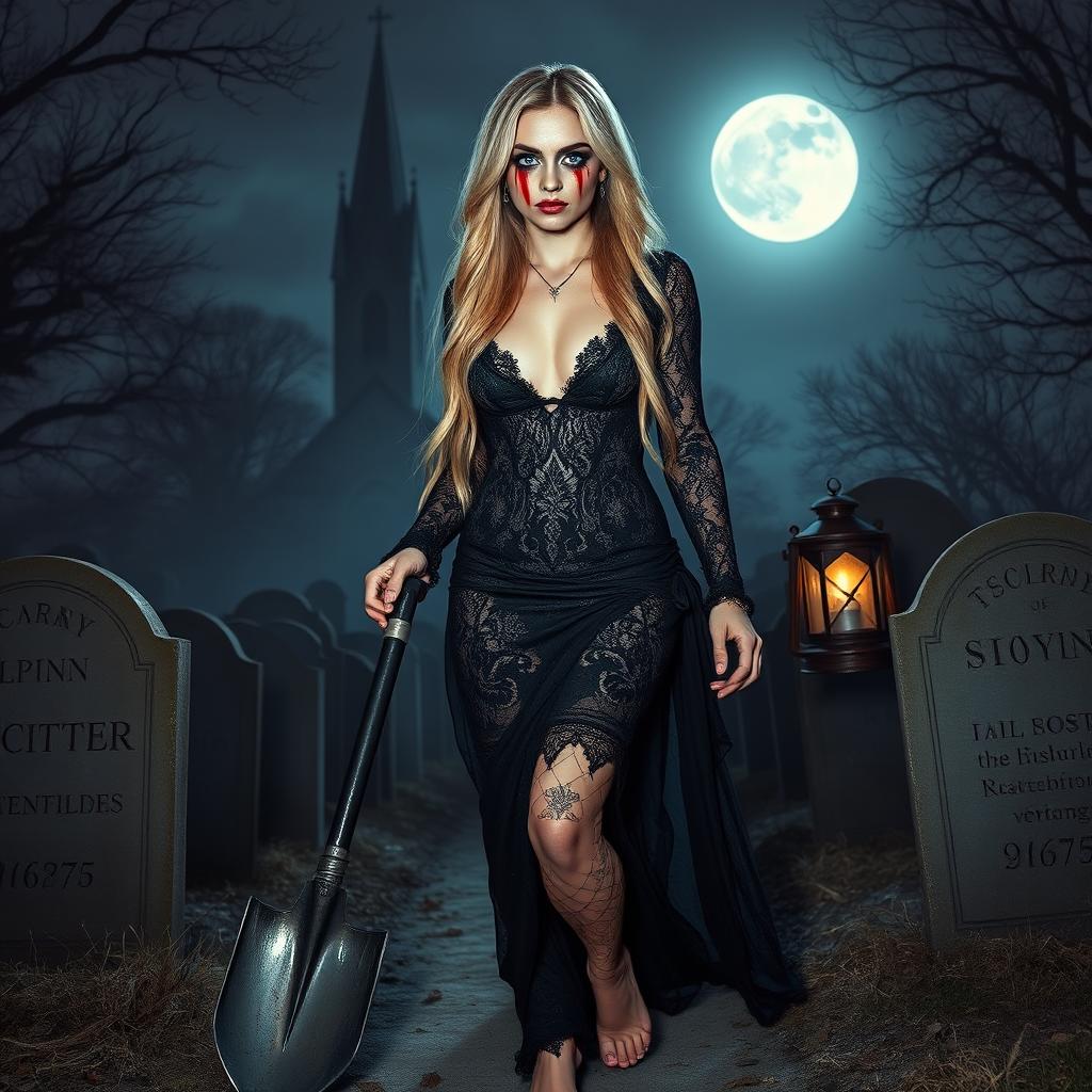 A beautifully haunting portrait of an 18-year-old girl with striking blue eyes and long flowing blonde hair, dressed in a tight-fitting, low-cut long black lace gown that accentuates her shapely features, particularly her wide hips and thick round thighs