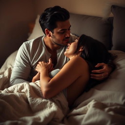 A sensual scene set in a softly lit bedroom, where a couple is expressing their love and intimacy
