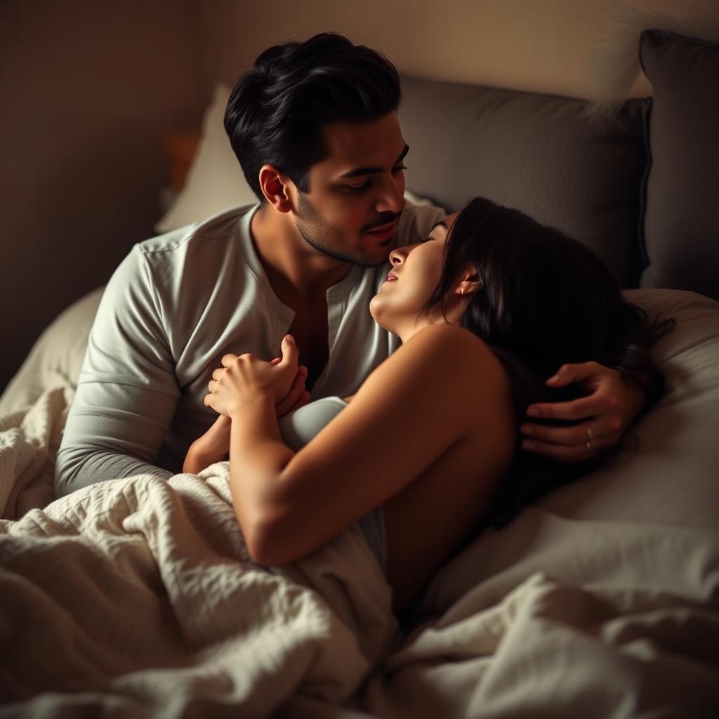 A sensual scene set in a softly lit bedroom, where a couple is expressing their love and intimacy