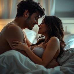 A sensual scene set in a softly lit bedroom, where a couple is expressing their love and intimacy