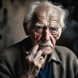 A dramatic and detailed portrait of an elderly, destitute man, seasoned by a hard life, with smoke lingering from his aged fingers, encapsulating a story in his profound, weary eyes that fairly won him an award.