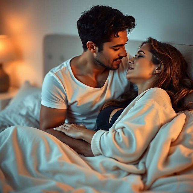 A sensual scene set in a softly lit bedroom, where a couple is expressing their love and intimacy