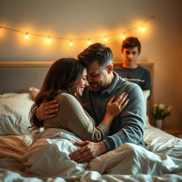 A cozy and romantic bedroom scene where a couple is expressing their love for each other