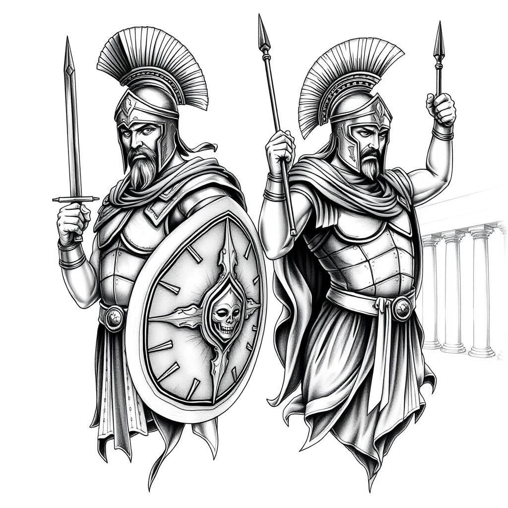 A highly detailed tattoo design featuring two Roman soldiers, each designed in a half sleeve style