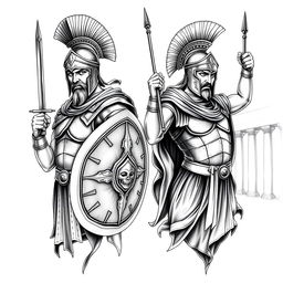 A highly detailed tattoo design featuring two Roman soldiers, each designed in a half sleeve style