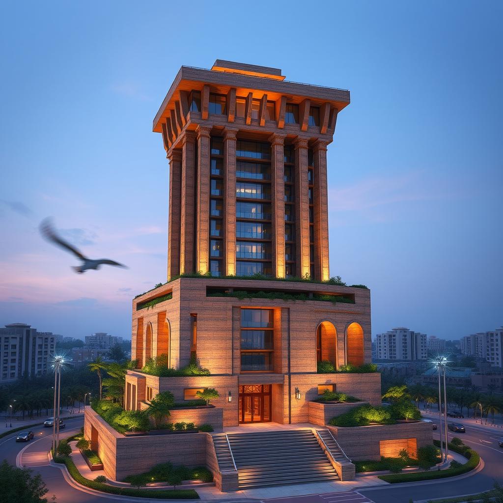 A stunning 20-story tower, 80 meters tall, featuring a modern and deconstructivist design inspired by the ancient architecture of Chogha Zanbil