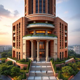 A stunning 20-story tower, 80 meters tall, featuring a modern and deconstructivist design inspired by the ancient architecture of Chogha Zanbil