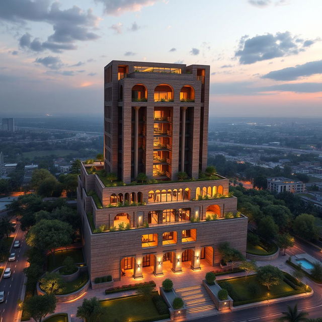 A stunning 20-story tower, 80 meters tall, featuring a modern and deconstructivist design inspired by the ancient architecture of Chogha Zanbil