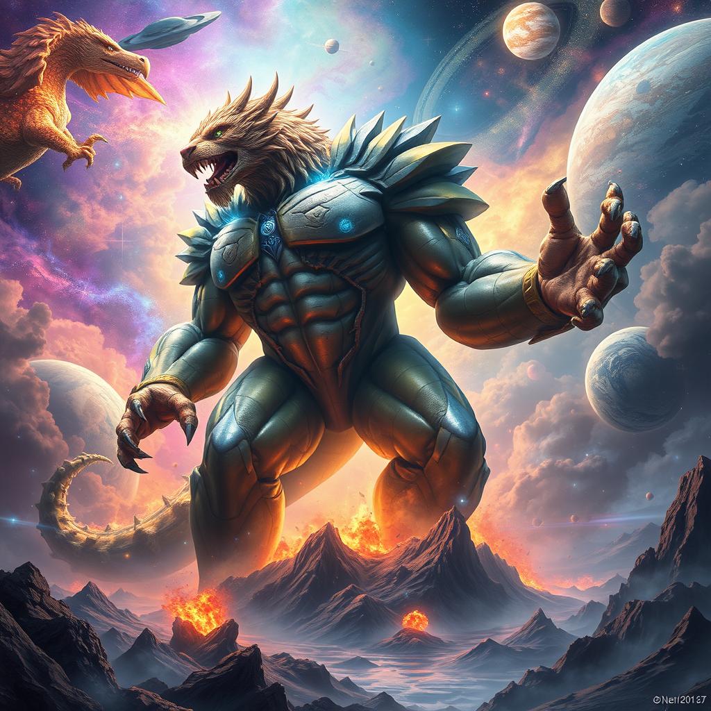 A colossal creature representing the strongest being in the entire multiverse, towering over landscapes of diverse worlds, with a muscular, armored body that emanates power